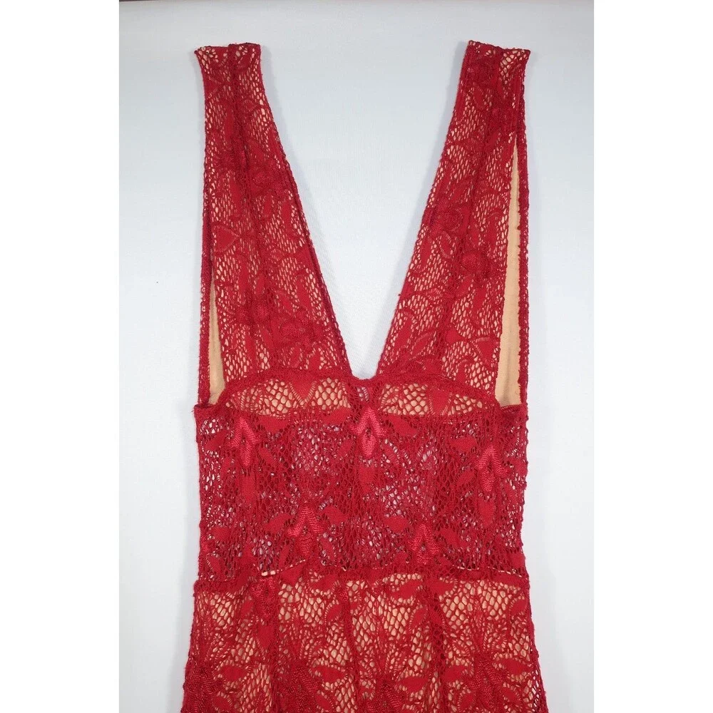 Nightcap Free People Fleur Lace Jumpsuit Red V Neck Stretchy Anthropologie 2 - Picture 9 of 14